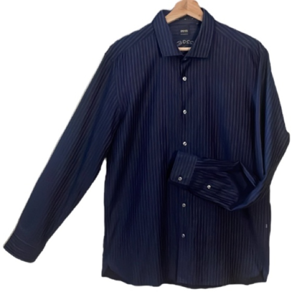 Hugo Boss Regular Fit Blue and Brown Striped Button Down Dress Shirt Size Large